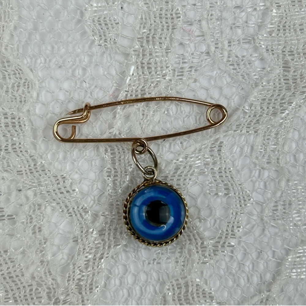 NEW - Vintage 14KT Solid Gold Evil Watchful Eye Safety Pin Pendant Charm Lucky